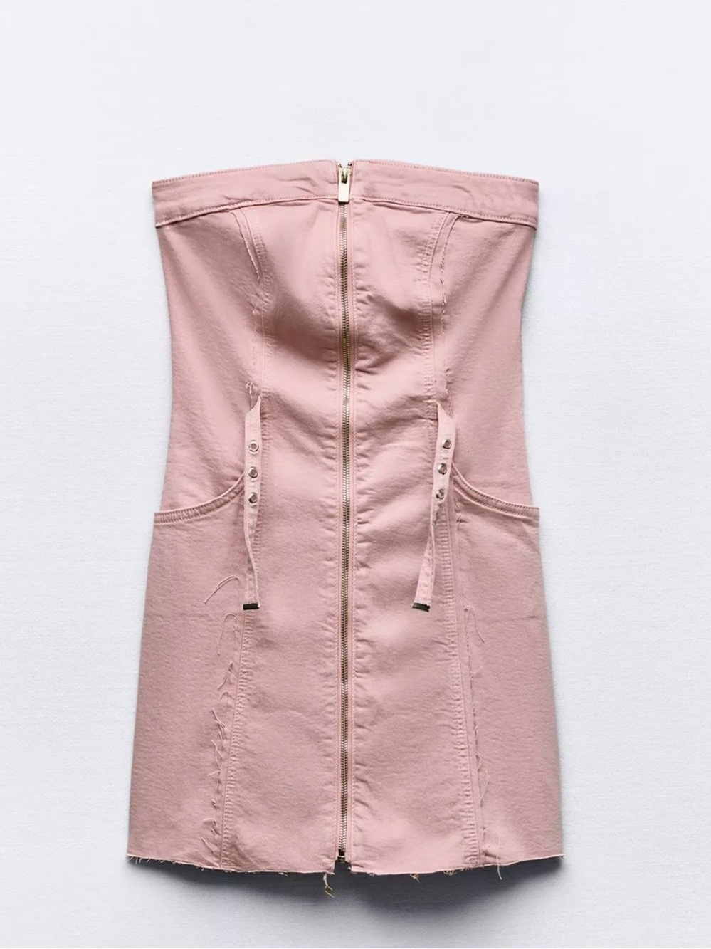 Zara Blush Pink Strapless Denim Mini Dress with Front Zip